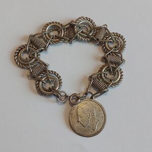 Vintage Unique Artisan Wirework Steampunk Silver Tone Bracelet with Coin Charm
